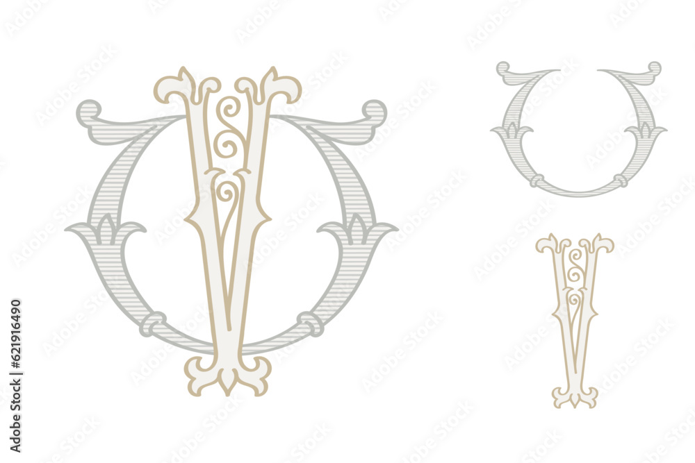 Obraz premium V letter wedding monogram creator kit. Elegant historical style alphabet for party invitations. This set includes Wide and Narrow capitals for your own emblem. Find full set in my profile.