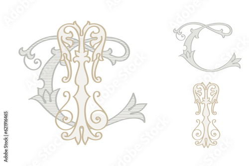 T letter wedding monogram creator kit. Elegant historical style alphabet for party invitations. This set includes Wide and Narrow capitals for your own emblem. Find full set in my profile.