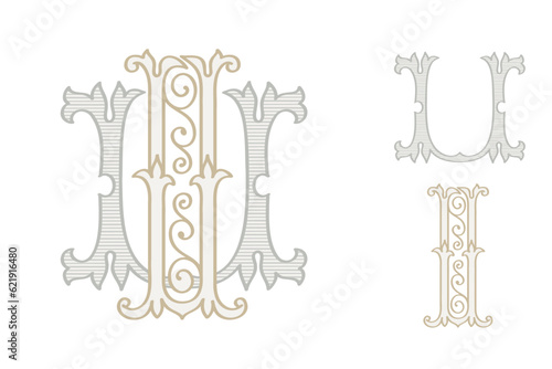 U letter wedding monogram creator kit. Elegant historical style alphabet for party invitations. This set includes Wide and Narrow capitals for your own emblem. Find full set in my profile.