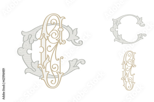 C letter wedding monogram creator kit. Elegant historical style alphabet for party invitations. This set includes Wide and Narrow capitals for your own emblem. Find full set in my profile.