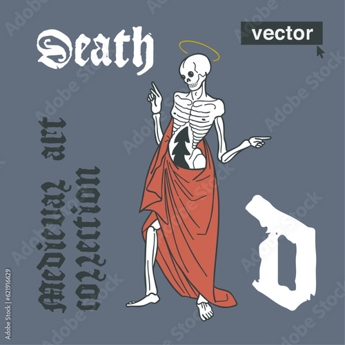 Skeleton in cloak medieval style illustration. Engraving art with blackletter calligraphy. Vector for Halloween invitations, gothic labels, pagan music logo, witchcraft potions packaging, black magic