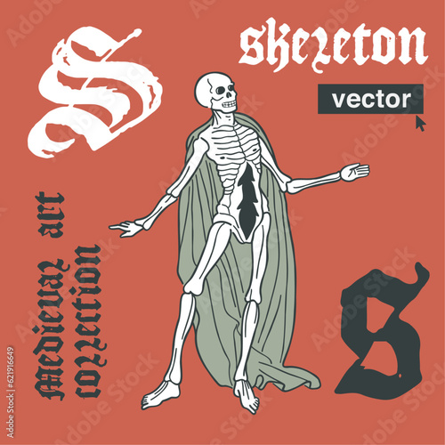 Skeleton in cloak medieval style illustration. Engraving art with blackletter calligraphy. Vector for Halloween invitations, gothic labels, pagan music logo, witchcraft potions packaging, black magic
