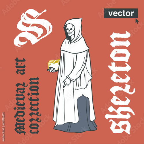 Monk skeleton medieval illustration. Engraving art with blackletter calligraphy. Vector for Halloween invitations, gothic emblem, pagan music logo, witchcraft potions packaging, black magic labels.