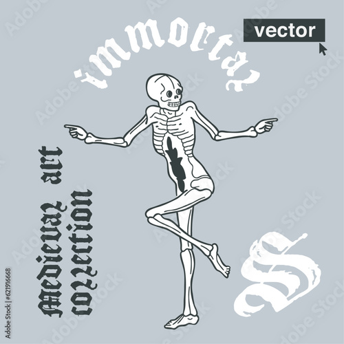 Skeleton medieval style illustration. Engraving art with blackletter calligraphy. Vector for Halloween invitations, gothic emblem, pagan music logo, witchcraft potions packaging, black magic labels.