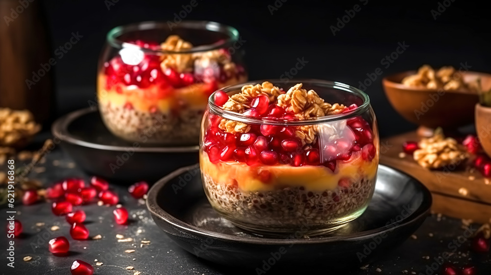 Two chia pudding in glass jars on dark table, generative AI. Two chia pudding in glass jars on dark table, generative AI.
