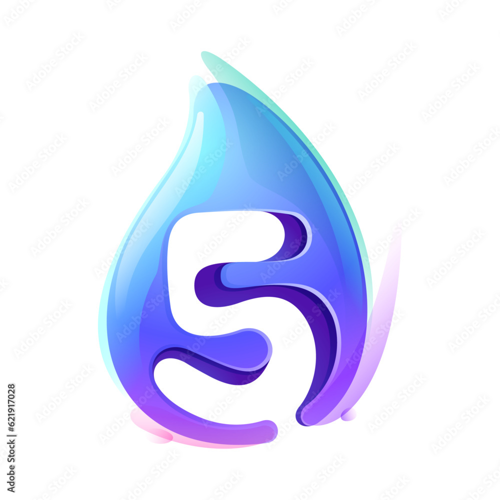 5 logo. Pure water drop number five logo. Ecofriendly 3D realistic