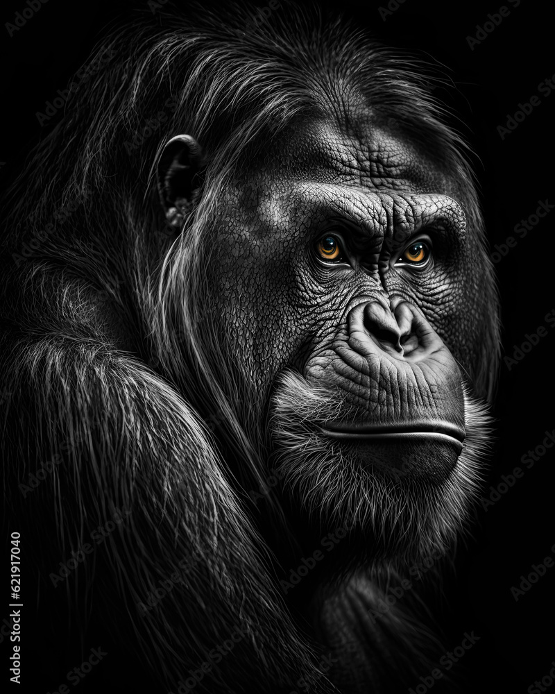 Generated photorealistic close-up portrait of a wild orangutan in black and white Generated photorealistic close-up portrait of a wild orangutan in black and white