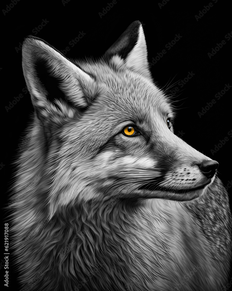 Generated photorealistic profile portrait of a wild fox in black and white