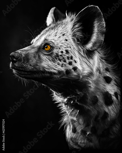 Fotografiet Generated photorealistic profile portrait of a wild hyena in black and white