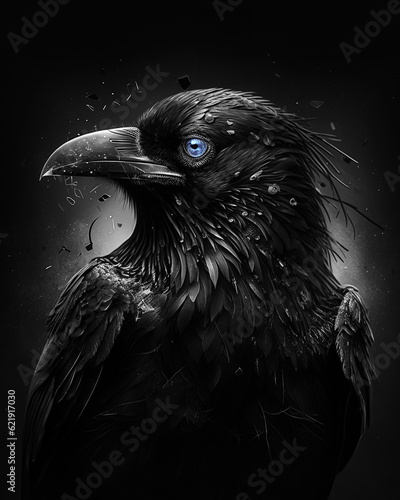 Generated photorealistic portrait of a black crow in black and white