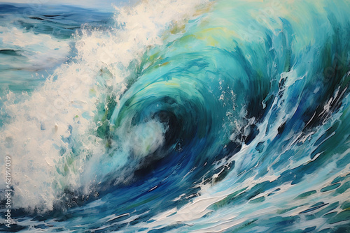 Large sea or ocean wave with white foam with close up. Oil and watercolor painting.