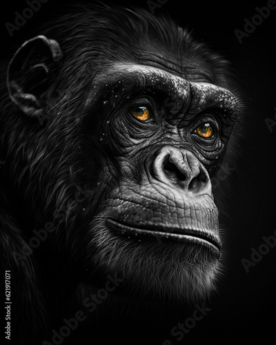 Generated photorealistic close-up portrait of a wild monkey in black and white © Evgeniya Fedorova