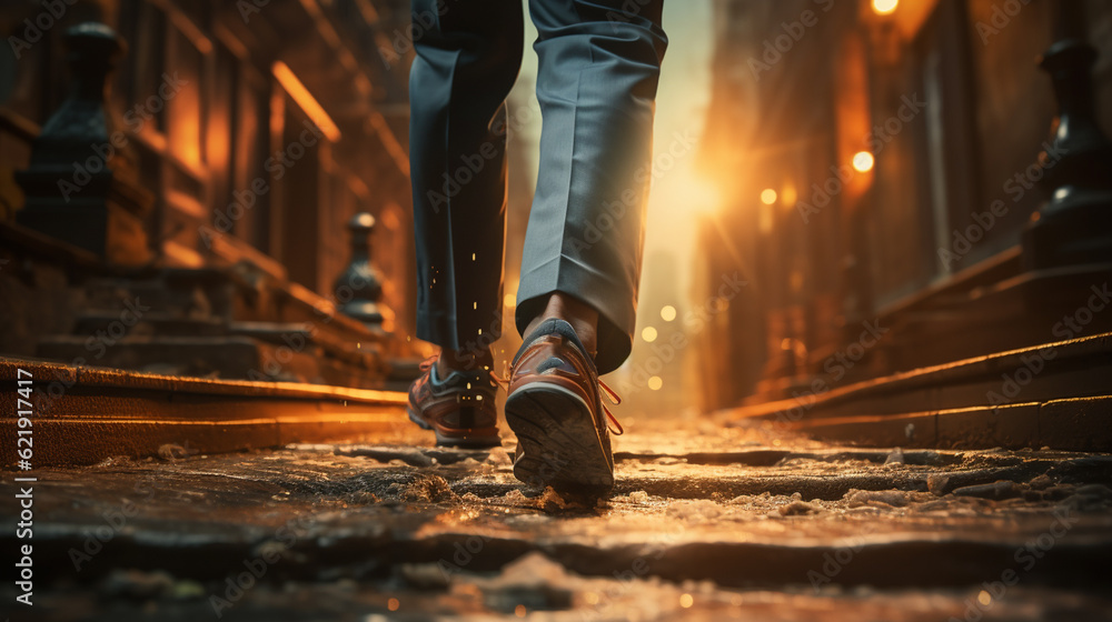 Businessman feet walking in city. Generative Ai Businessman feet walking in city. Generative Ai
