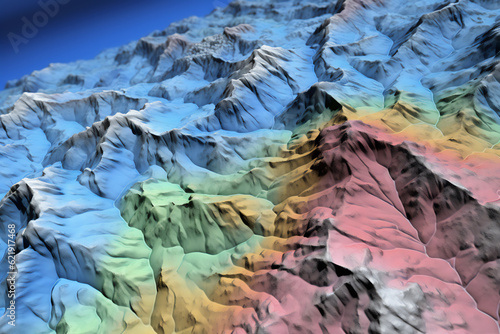 Digital elevation model. GIS product made with generative AI technology. It shows high rocky and steep mountain peaks. At their feet are visible valleys and mountain lakes © Ungrim