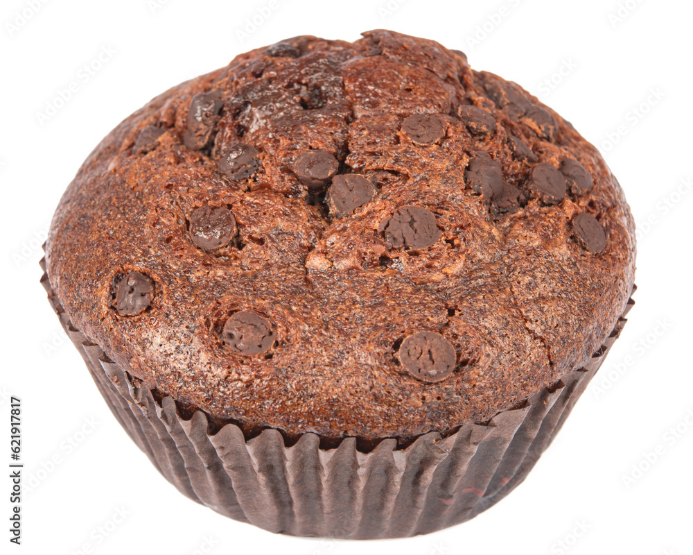 Muffin chocolate sweet bakery with choco drops isolated on the white background Muffin chocolate sweet bakery with choco drops isolated on the white background