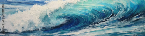 Wide banner with background image of large powerful sea or ocean wave with white foam close up.