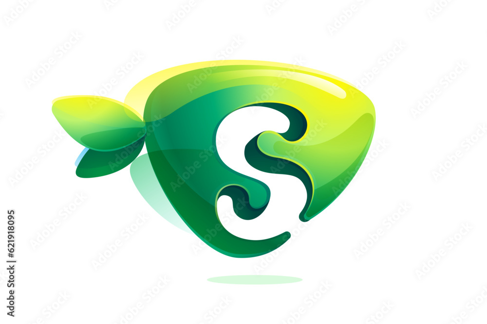 Environment friendly S letter initial. 3D realistic icon cut out of triangle arrow shape. Forest eco logo with green leaves in watercolor style. Vector for play button, healthy food, agriculture adv. Environment friendly S letter initial. 3D realistic icon cut out of triangle arrow shape. Forest eco logo with green leaves in watercolor style. Vector for play button, healthy food, agriculture adv.