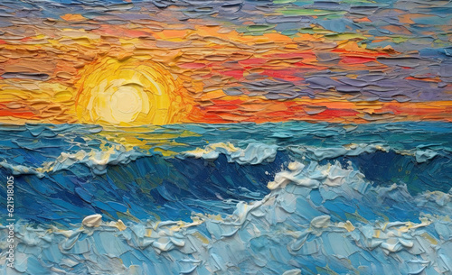 Colorful sunset on the sea. Picture made with oil paints in Impasto style.
