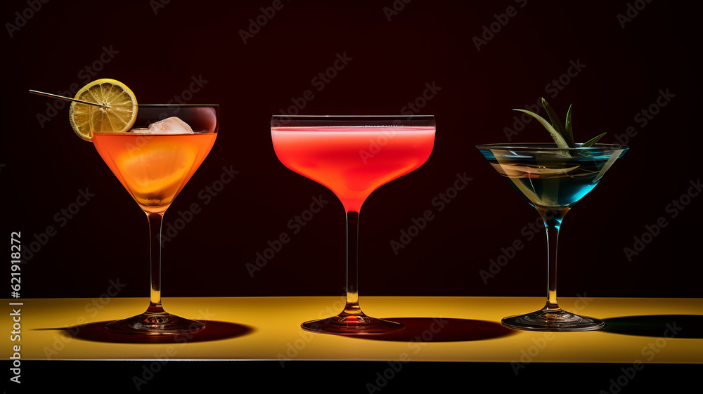 3 cocktails in different colors. Generative AI