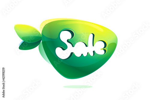 Environment friendly Sale lettering tag. 3D realistic icon cut out of triangle arrow shape. Forest eco logo with green leaves in watercolor style. Vector for play button, healthy food, agriculture adv