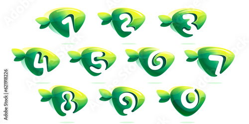 Environment friendly numbers set. 3D realistic icons cut out of triangle arrow shape. Forest eco logos with green leaves in watercolor style. Vector for play button, healthy food, agriculture adv.