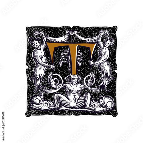 Witchcraft letter T logo. Gothic medieval initial. Devil, cancer and ghosts in hell. Engraving drop cap with dots pattern. Alchemy font for Halloween invitations, pagan music, black magic labels.
