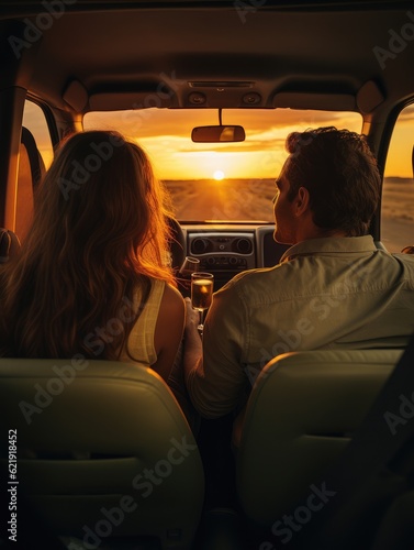 Happy couple enjoying road trip together, AI Generative