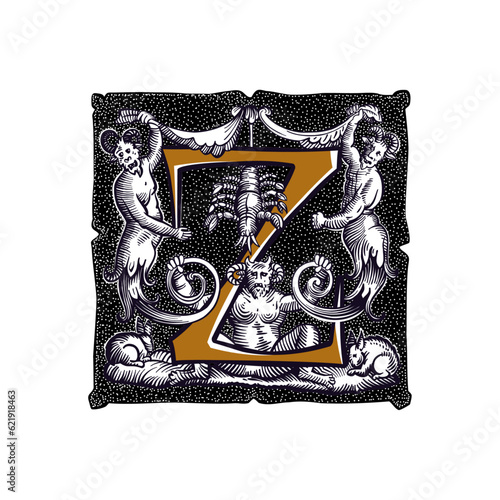 Witchcraft letter Z logo. Gothic medieval initial. Devil, cancer and ghosts in hell. Engraving drop cap with dots pattern. Alchemy font for Halloween invitations, pagan music, black magic labels.