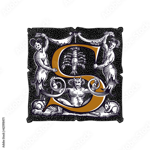 Witchcraft letter S logo. Gothic medieval initial. Devil, cancer and ghosts in hell. Engraving drop cap with dots pattern. Alchemy font for Halloween invitations, pagan music, black magic labels.