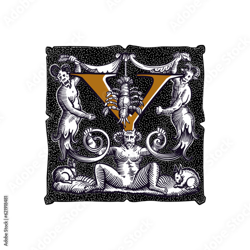 Witchcraft letter Y logo. Gothic medieval initial. Devil, cancer and ghosts in hell. Engraving drop cap with dots pattern. Alchemy font for Halloween invitations, pagan music, black magic labels.
