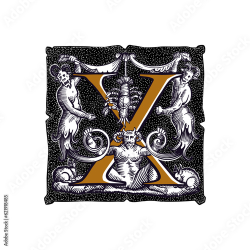 Witchcraft letter X logo. Gothic medieval initial. Devil, cancer and ghosts in hell. Engraving drop cap with dots pattern. Alchemy font for Halloween invitations, pagan music, black magic labels.
