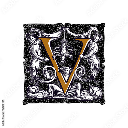 Witchcraft letter V logo. Gothic medieval initial. Devil, cancer and ghosts in hell. Engraving drop cap with dots pattern. Alchemy font for Halloween invitations, pagan music, black magic labels.