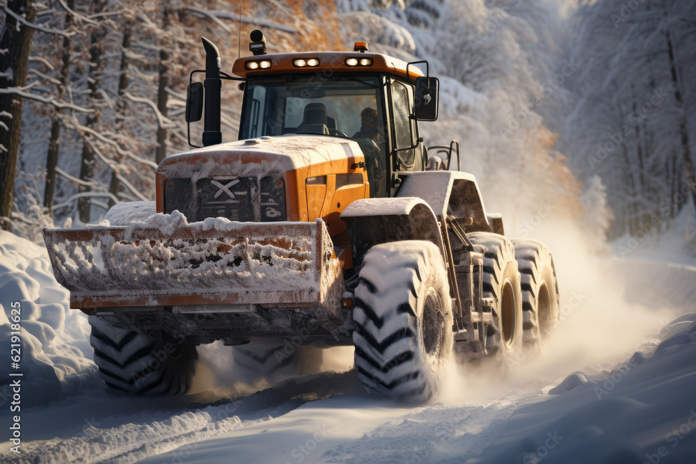 a large plow driving down a snow covered road.. Generative AI a large plow driving down a snow covered road.. Generative AI