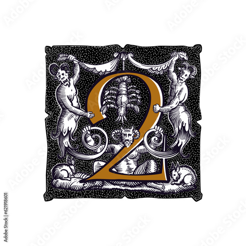 2 logo. Witchcraft number two sign. Gothic medieval initial. Devil, cancer and ghosts in hell. Engraving drop cap with dots pattern. Alchemy font for Halloween invitations, pagan black magic labels.
