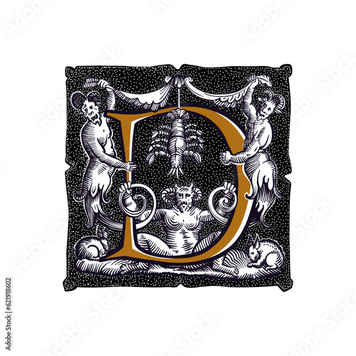 Witchcraft letter D logo. Gothic medieval initial. Devil, cancer and ghosts in hell. Engraving drop cap with dots pattern. Alchemy font for Halloween invitations, pagan music, black magic labels.