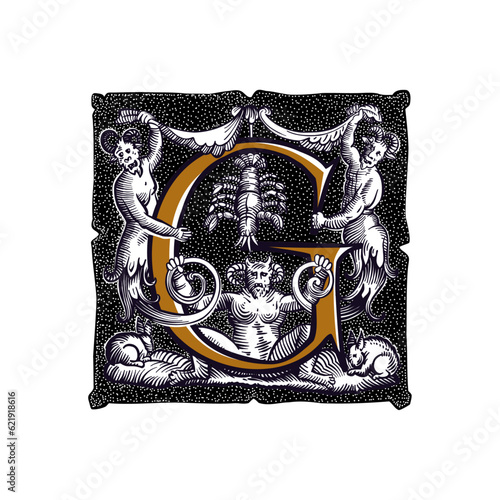 Witchcraft letter G logo. Gothic medieval initial. Devil, cancer and ghosts in hell. Engraving drop cap with dots pattern. Alchemy font for Halloween invitations, pagan music, black magic labels.