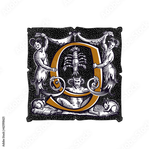9 logo. Witchcraft number nine sign. Gothic medieval initial. Devil, cancer and ghosts in hell. Engraving drop cap with dots pattern. Alchemy font for Halloween invitations, pagan black magic labels.