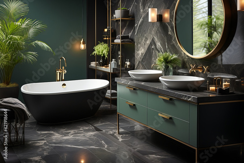 Valokuva A modern look mirror and sink cabinet in an elegant bathroom, in the style of baroque dramatic lighting
