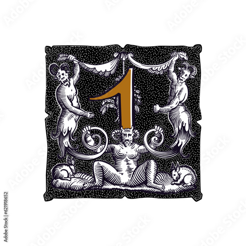 1 logo. Witchcraft number one sign. Gothic medieval initial. Devil, cancer and ghosts in hell. Engraving drop cap with dots pattern. Alchemy font for Halloween invitations, pagan black magic labels.