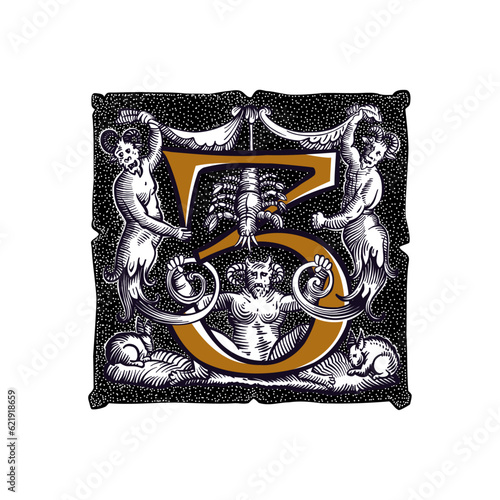 3 logo. Witchcraft number three sign. Gothic medieval initial. Devil, cancer and ghosts in hell. Engraving drop cap with dots pattern. Alchemy font for Halloween invitations, pagan black magic labels.