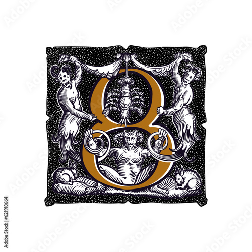 8 logo. Witchcraft number eight sign. Gothic medieval initial. Devil, cancer and ghosts in hell. Engraving drop cap with dots pattern. Alchemy font for Halloween invitations, pagan black magic labels.
