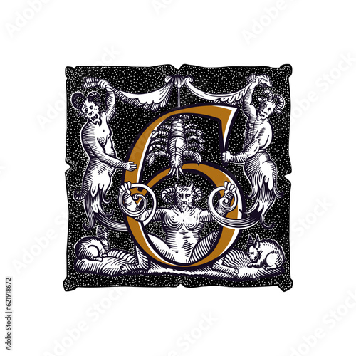 6 logo. Witchcraft number six sign. Gothic medieval initial. Devil, cancer and ghosts in hell. Engraving drop cap with dots pattern. Alchemy font for Halloween invitations, pagan black magic labels.