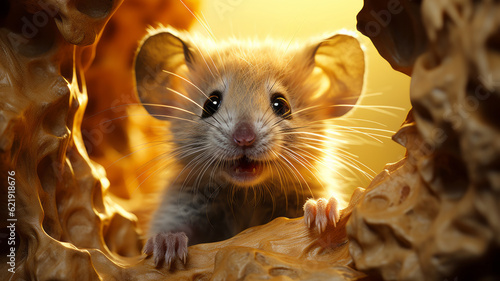 A mouse is looking through a hole in cheese, in the style of hyperrealist illustrations. Generative AI