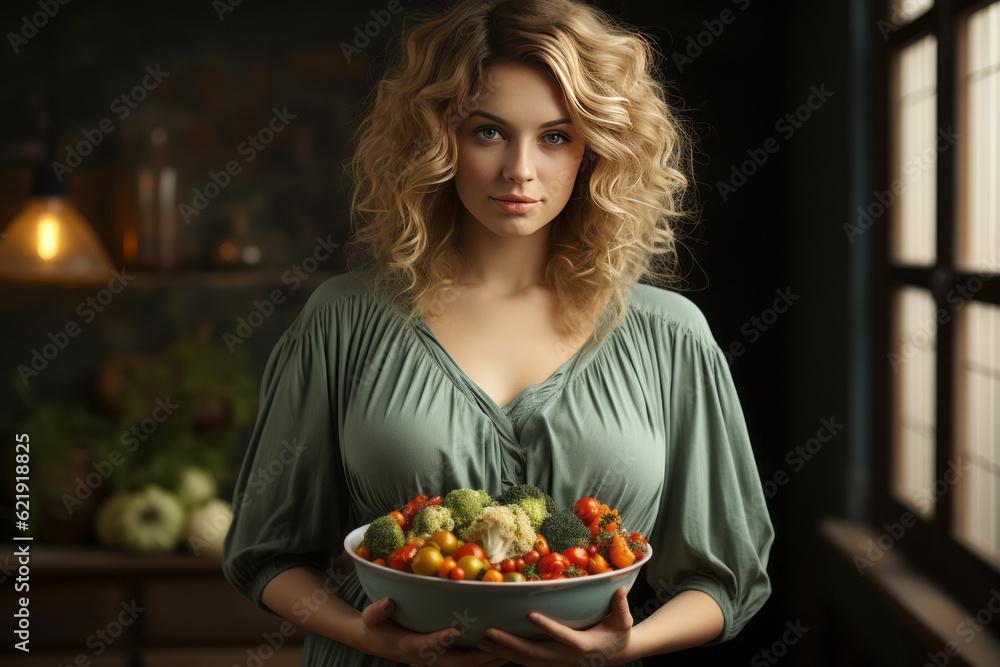 A pregnant woman holding up a bowl of vegetables. Generative AI
