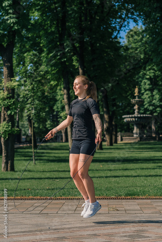 Fitness young sportsman girl with tattoos in the morning doing sports jumping rope during exercise outdoors in the city in the health park © Guys Who Shoot