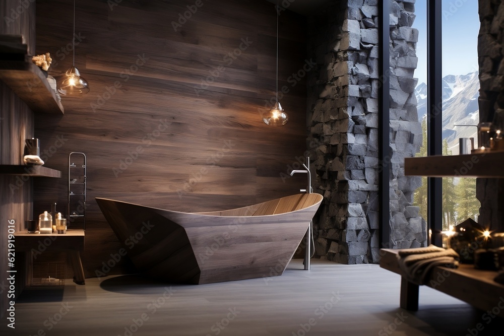 A bathroom with a stone wall and a large tub. AI