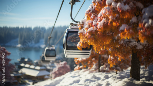 A ski lift is going a long a tree full of snow, in the style of candid shots. Generative AI