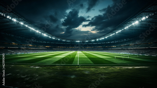 A soccer stadium filled with green grass and fans at night, in the style of dark gray and light cyan. Generative AI © wolfhound911