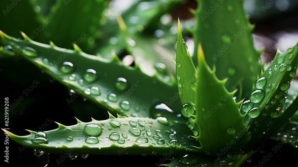 Aloe leaves with droplets of water . Generative AI Aloe leaves with droplets of water . Generative AI