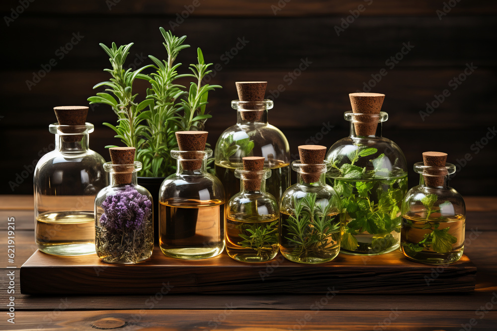 An assortment of essential oil bottles with fresh plants from which they're derived, like lavender, peppermint, and rosemary, arranged on a wooden surface. Generative AI - obrazy, fototapety, plakaty 